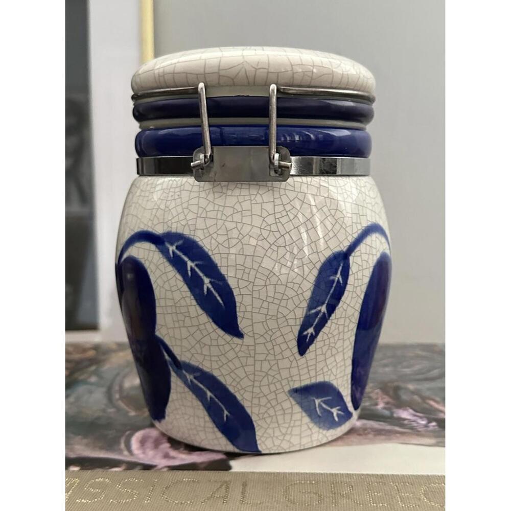 Vintage Designpac Inc Blue & White Canister Mason Jar Locking Lid Fruit Design - Picture 3 of 5